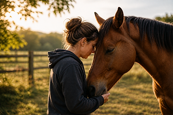 A woman standing with a horse while she experiences equine co-regulation to calm her nervous system