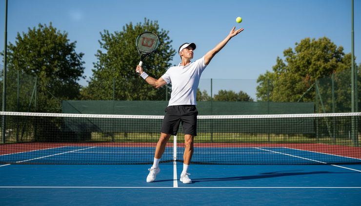 Wide-angle view of a tennis player preparing to serve on an outdoor hard court