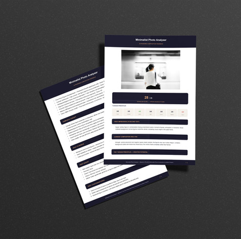 Printed PDF report from the Minimalist Photo Analyzer with rated composition analysis and feedback sections.