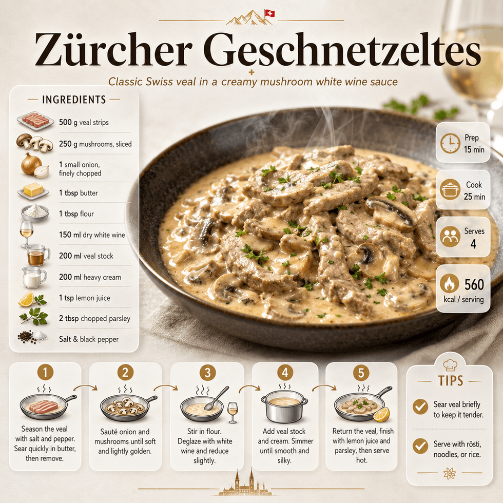 KI-generierte Rezeptkarte „Zürcher Geschnetzeltes": dampfendes Kalbsgeschnetzeltes mit Champignons in heller Rahmsauce in dunkler Schale, daneben bebilderte Zutatenliste, fünf Schritt-Icons und Zubereitungszeiten — klares, helles Editorial-Layout.