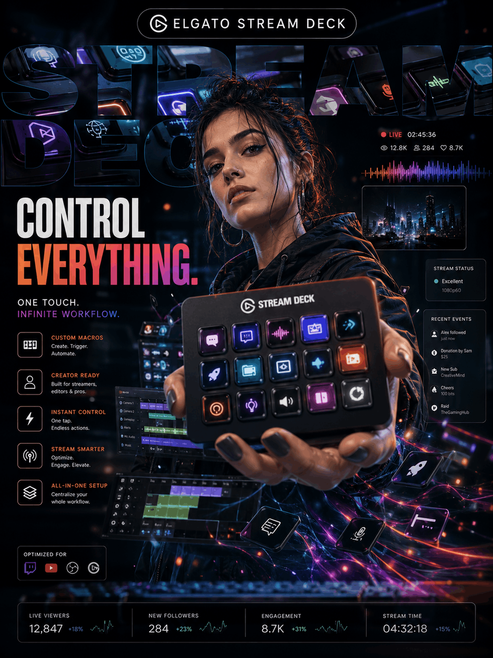Concept visual in the style of Elgato: Woman holds a Stream Deck in a brightly lit tech scene.
