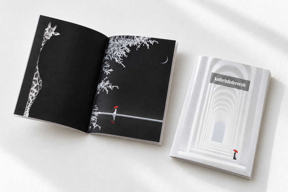 Mockup of an open mini-zine with black and white composites next to a closed copy, whose cover shows a bright arched passage and a small figure with a red umbrella.