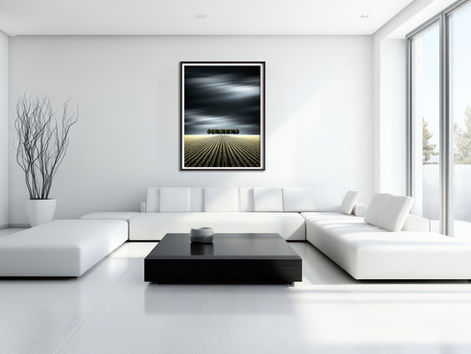 Modern minimalist living room with a framed art print on the wall — an example of selling prints as wall art for collectors.