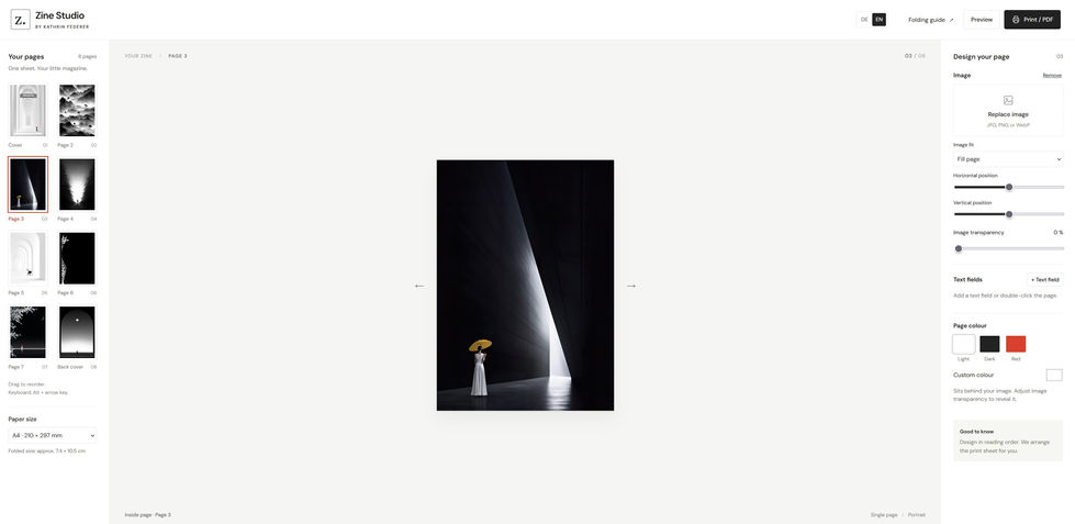 User interface of the Zine Studio with eight page thumbnails, a selected page with a vase in the light wedge and the design panel.