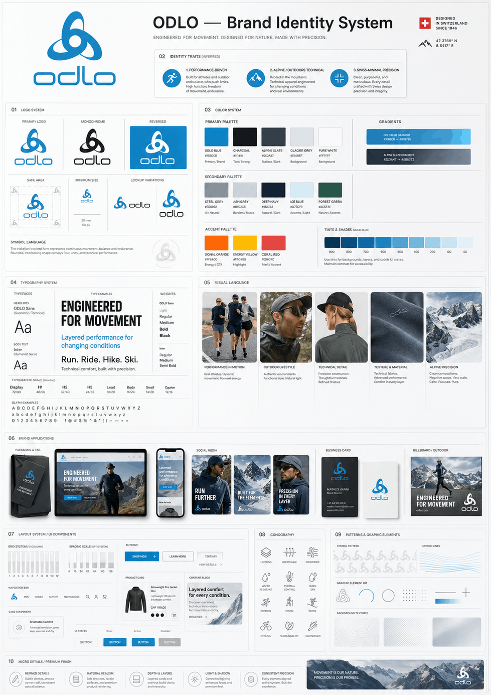 AI-generated brand identity system for Odlo: Overview board with logo system, color palette, typography, imagery and application examples in blue, anthracite and white.