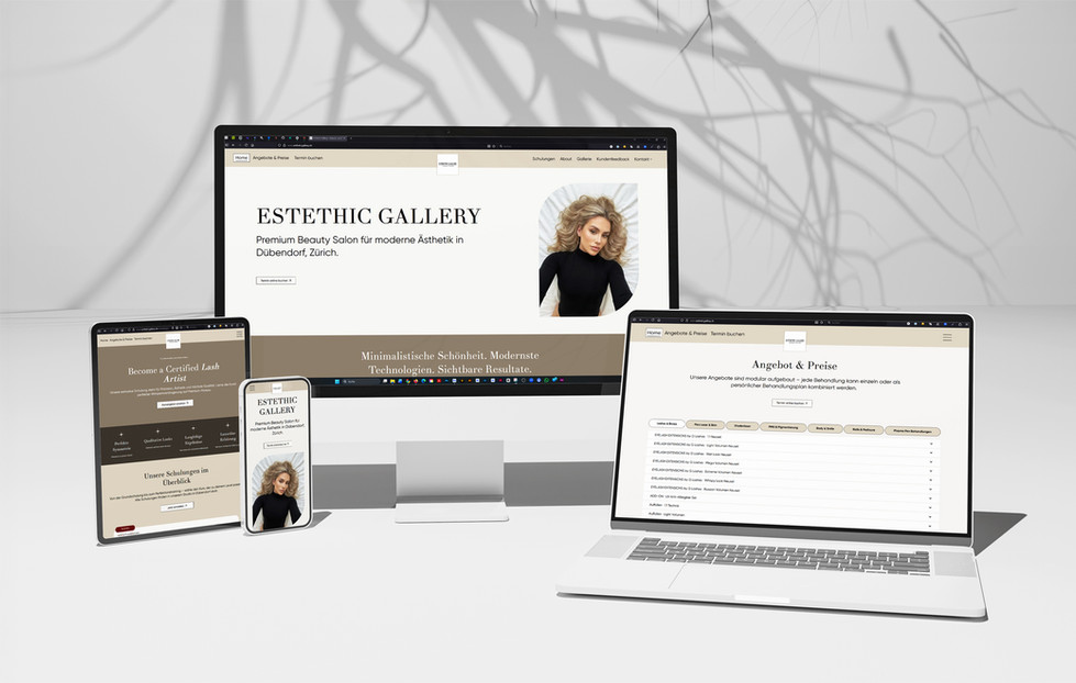 Responsive Website-Mockup von Esthetic Gallery auf vier Geräten – Desktop, Laptop, Tablet und Smartphone – mit Ansichten der Startseite, Angebotsübersicht und Schulungsseite.