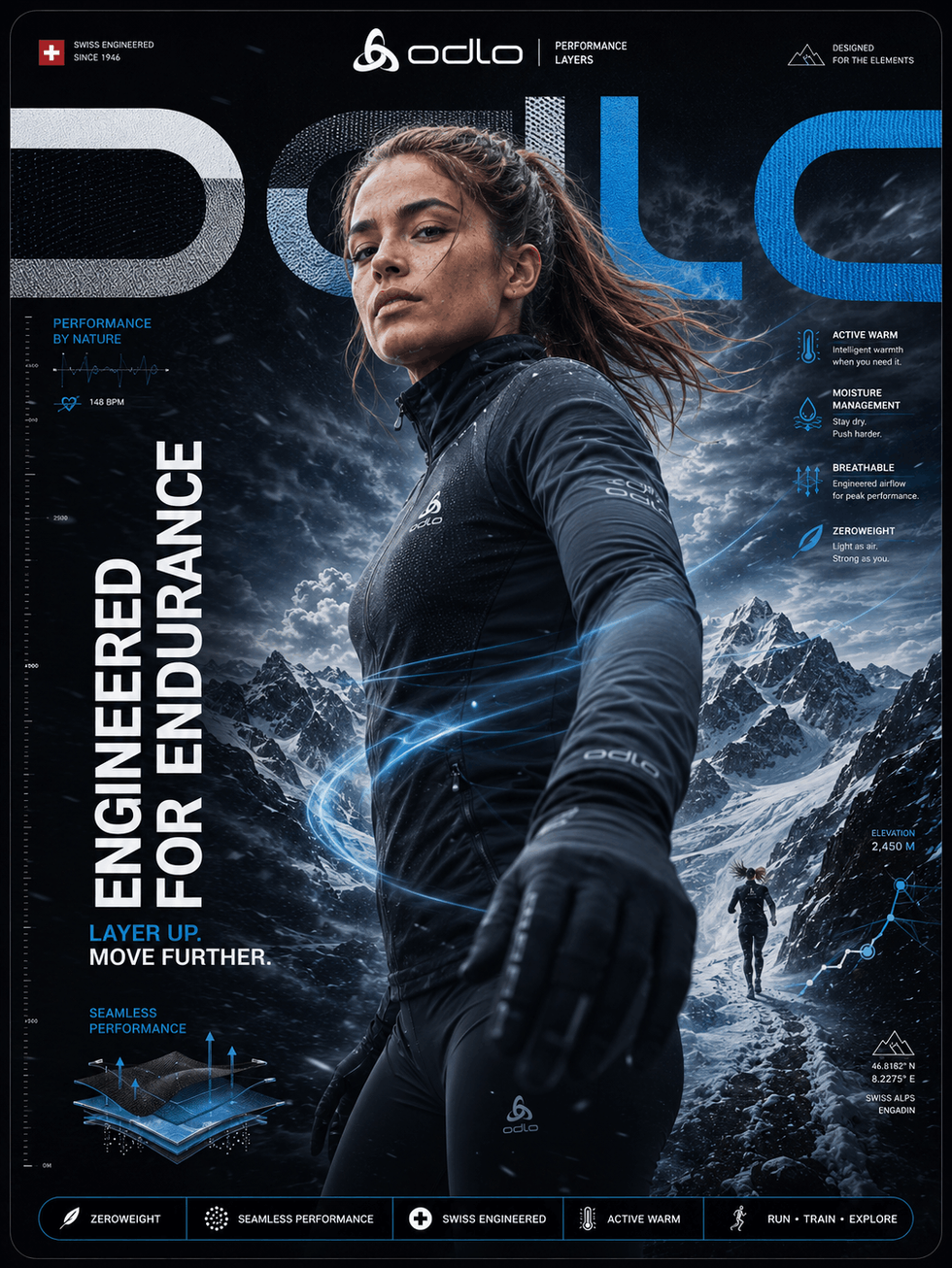 AI-generated hero visual for Odlo: female athlete in black performance clothing against a snowy mountain backdrop, slogan “Engineered for Endurance”, magazine cover layout.