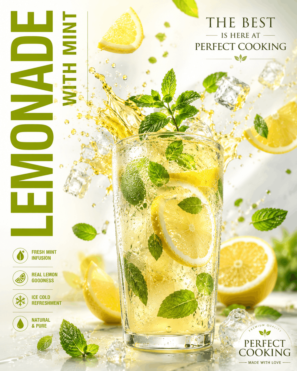Concept advertisement for a fictional food brand: Glass of mint lemonade with lemon slices and fresh mint on a light background.