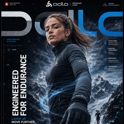 KI-generiertes Hero-Visual für Odlo: Athletin in schwarzer Performance-Kleidung vor verschneiter Bergkulisse, Slogan „Engineered for Endurance", Magazin-Cover-Layout.