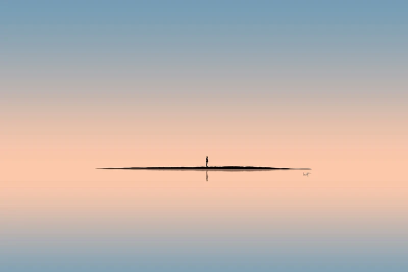 Minimalistische Landschaftskomposition mit sanftem Blau-Beige-Farbverlauf: In der Bildmitte steht eine kleine, dunkle Figur auf einem schmalen, horizontalen Landstreifen, der sich im ruhigen Wasser spiegelt. Viel negativer Raum betont Isolation und Weite.