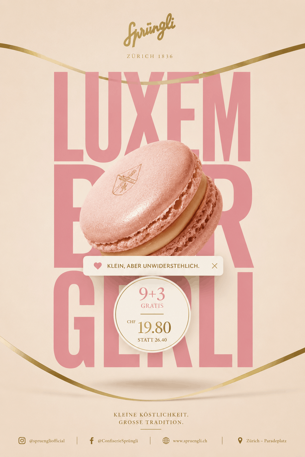 Concept visual in the style of Sprüngli: pink Luxemburgerli macaron on a light background.