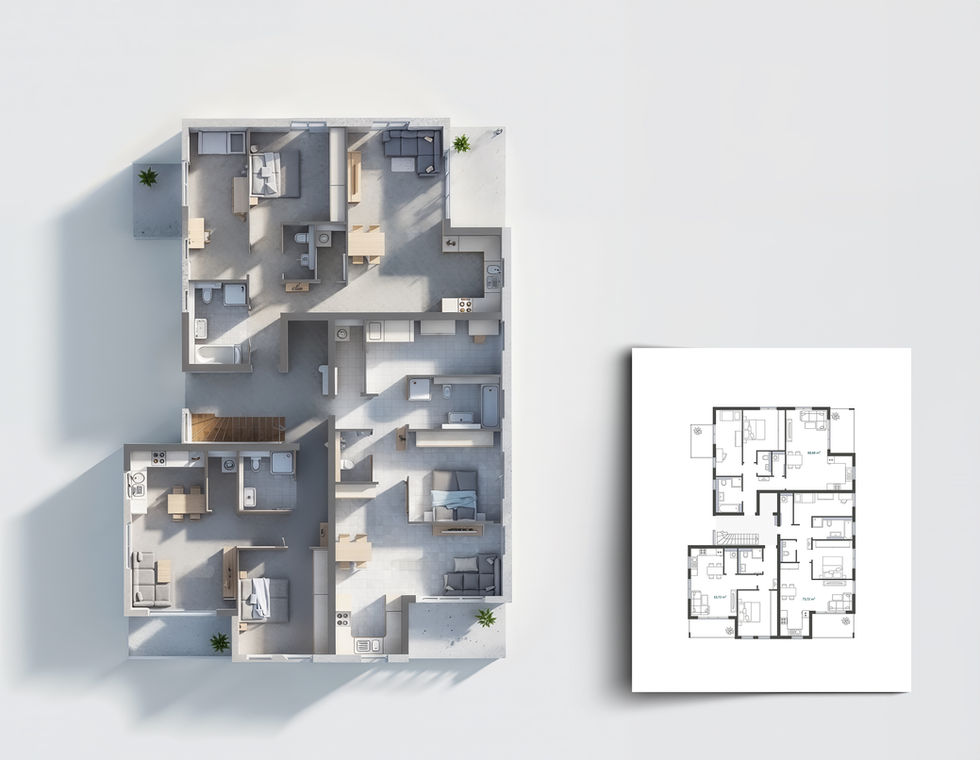 3D visualization of an apartment floor plan with furnished rooms, daylight and realistic materials, based on a technical plan.