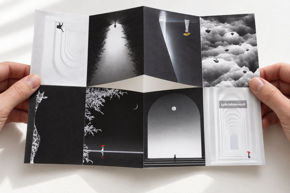 Two hands hold a partially folded sheet of zine paper with eight black and white images, including an archway, a beam of light, clouds, and a giraffe.