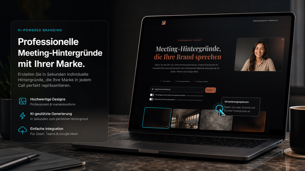 BrandBG web app on a laptop next to an overview of features for professional meeting backgrounds.