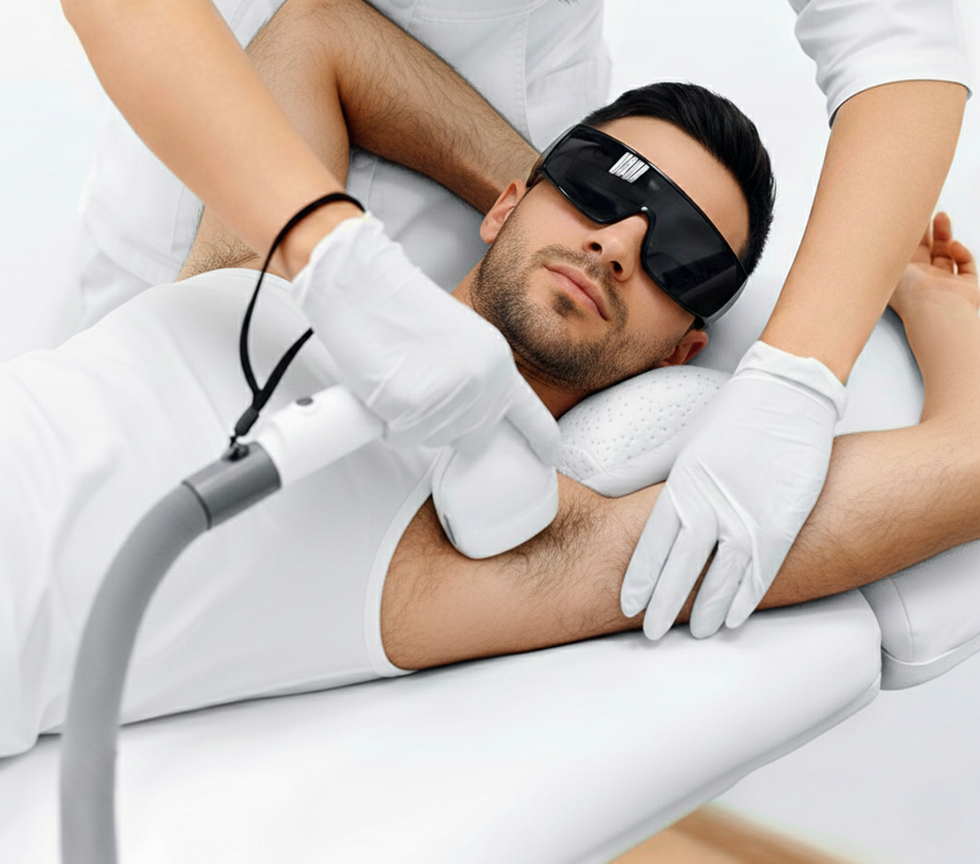 Mann mit Schutzbrille liegt auf Behandlungsliege während Diodenlaser-Haarentfernung an der Achsel durch behandschuhte Fachperson.