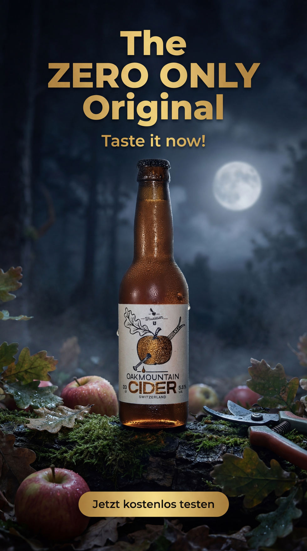 Cider bottle in a nighttime scene with moonlight and apples as an atmospheric AI brand visual.