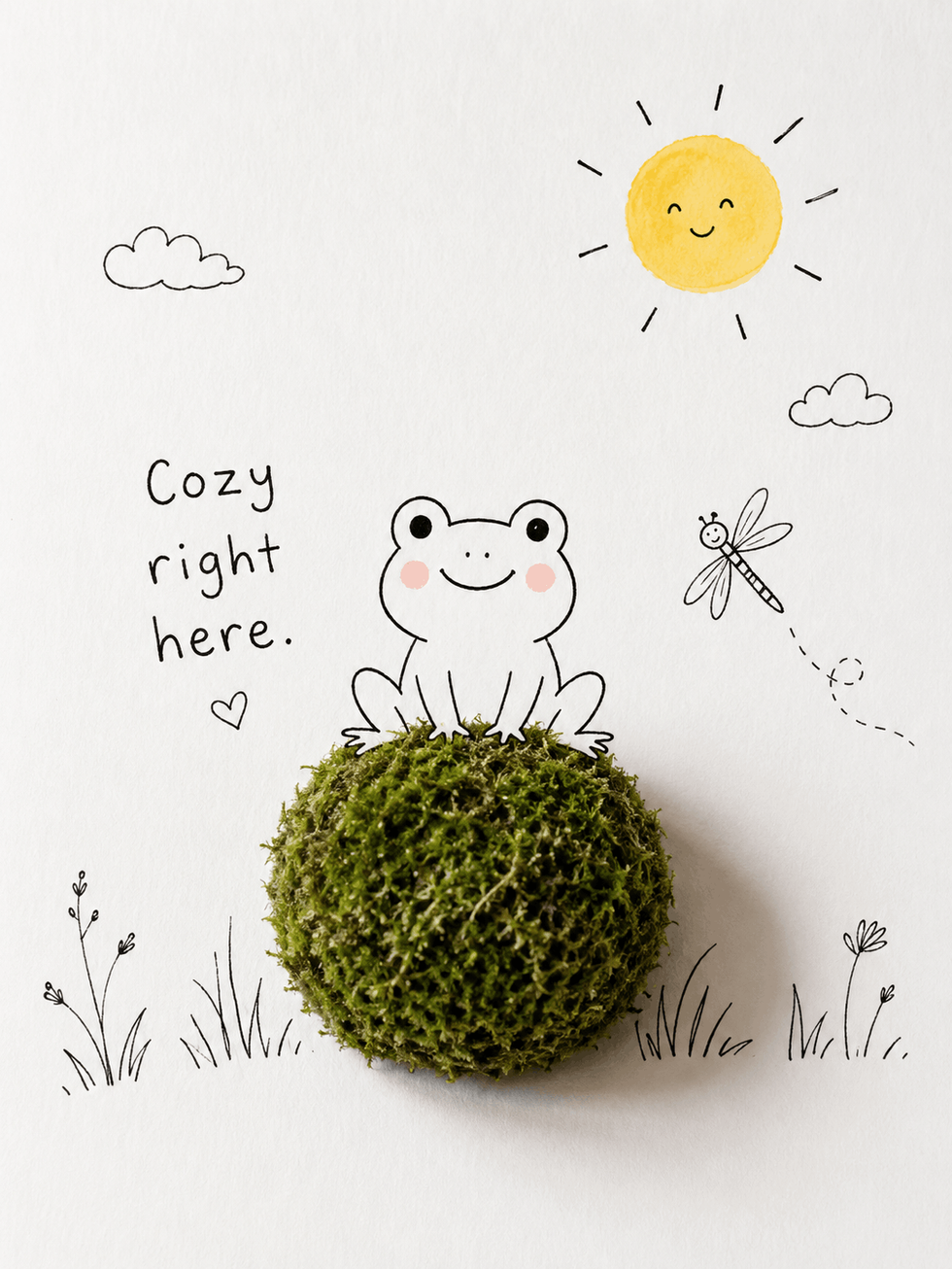 Playful doodle scene: a drawn frog sits on a real moss ball, next to it a dragonfly and the words "Cozy right here".
