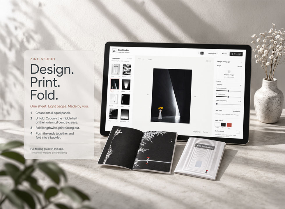 Mockup of Zine Studio on a tablet with the editor open, in front of it an open and a closed mini-zine with black and white composites. On the left a panel with "Design. Print. Fold." and a four-step folding guide.