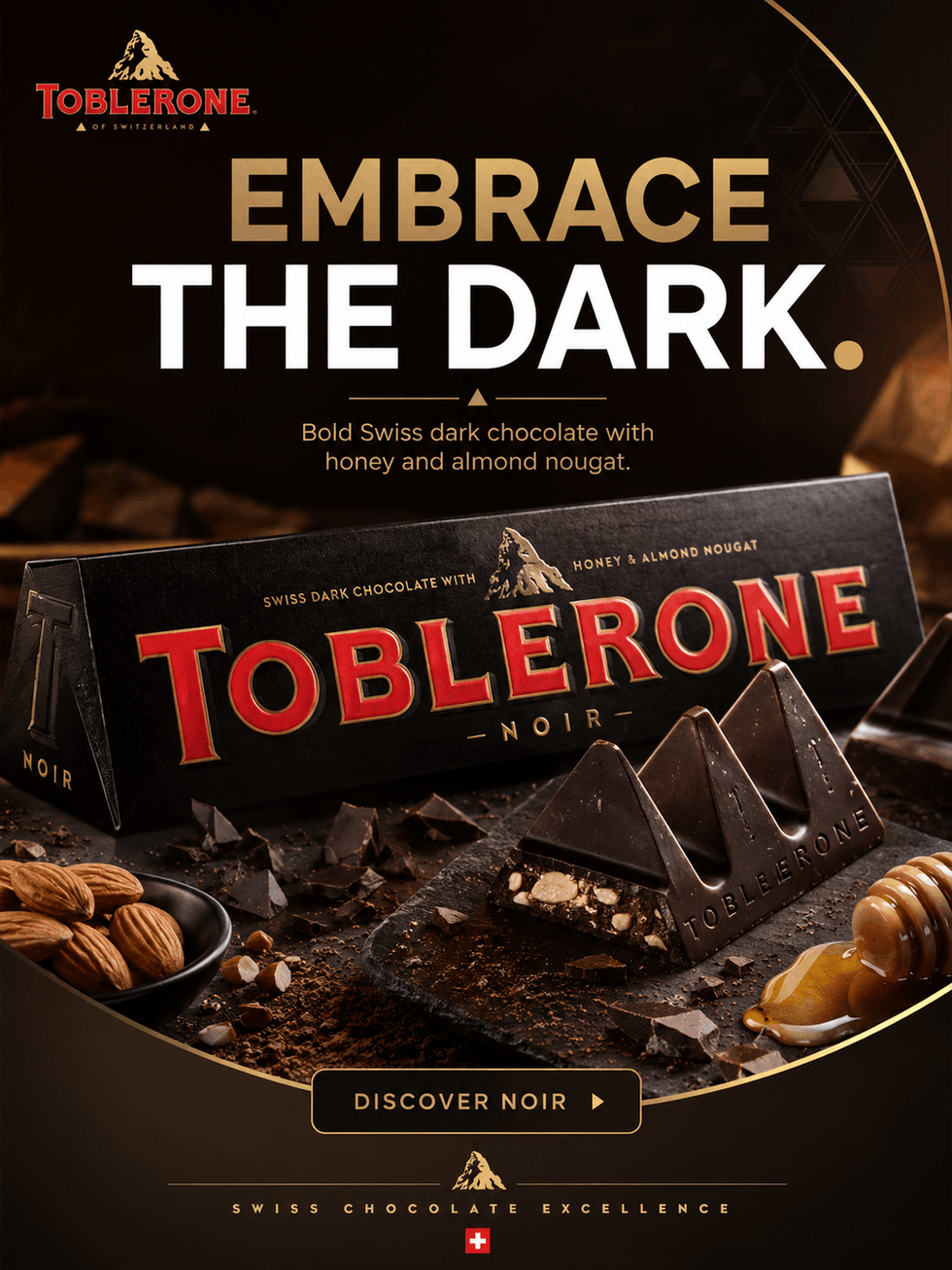 Concept visual in the style of Toblerone: dark chocolate with honey and almonds.