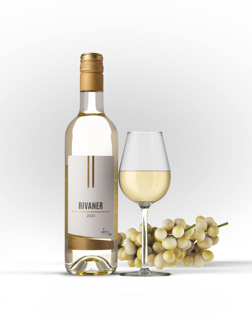 White wine bottle of Rivaner 2023 from Dörflihof Zweideln next to a filled white wine glass and light grapes on a white gradient background.
