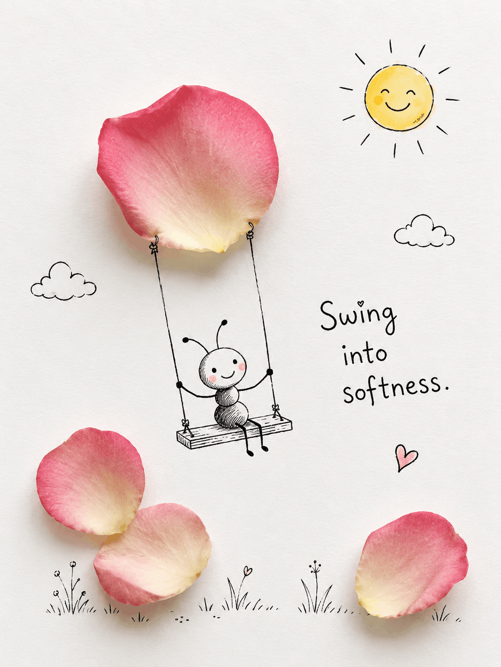 A drawn figure on a swing made of real rose petals, with the handwritten inscription "Swing into softness" against a white background.