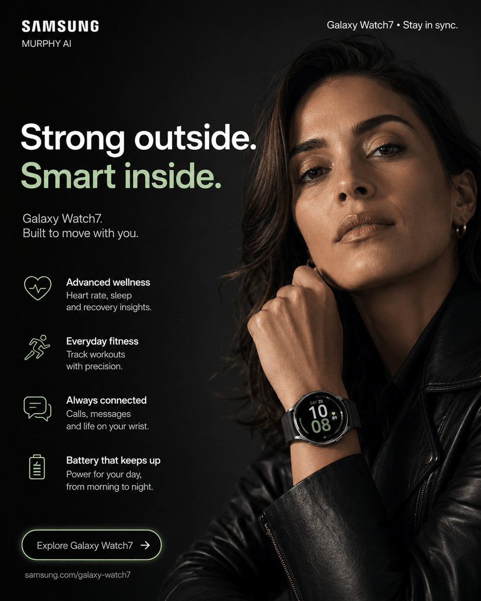 Concept visual in the style of Samsung: Woman with watch in a dark tech scene.
