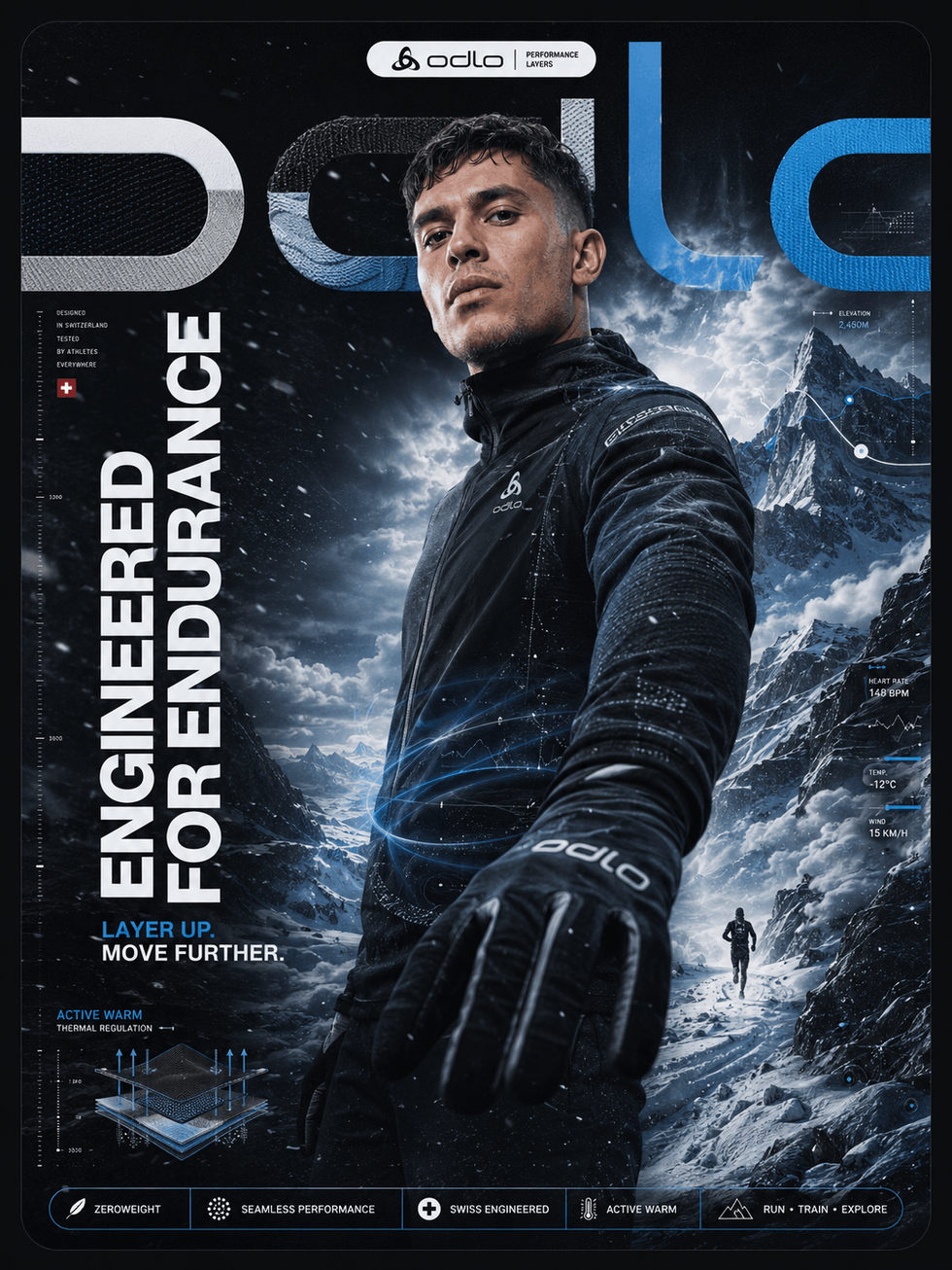 AI-generated hero visual for Odlo: Athlete in black performance clothing against a snowy mountain backdrop, slogan “Engineered for Endurance”, magazine cover layout.
