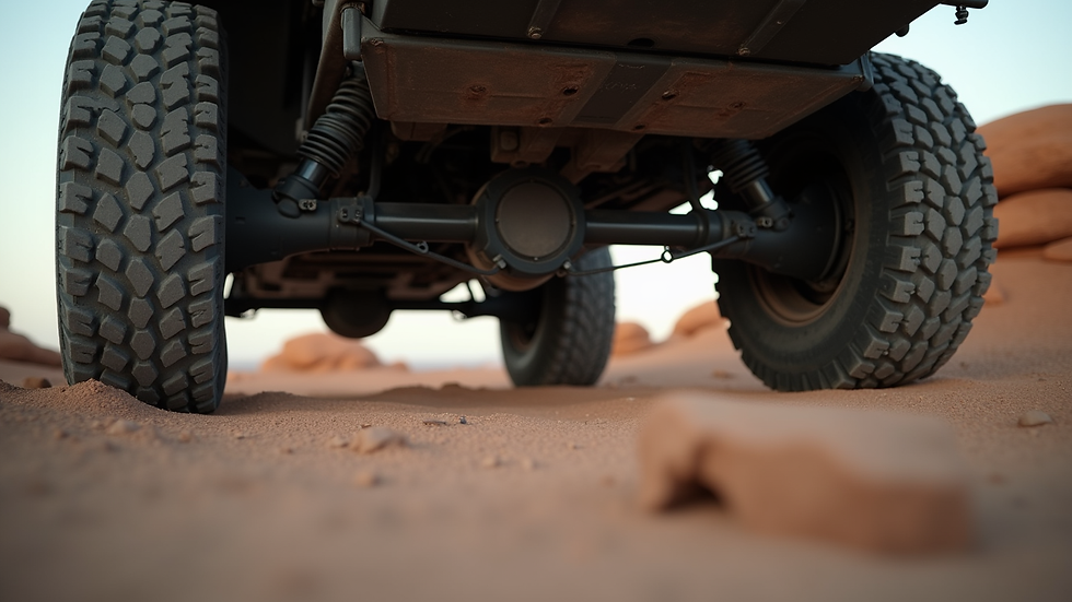 Close-up view of off-road trailer suspension and rugged tires