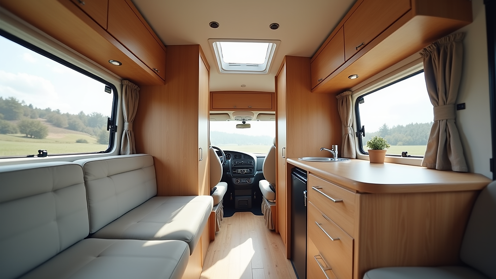 Eye-level view of a modern motorhome interior with wooden finishes