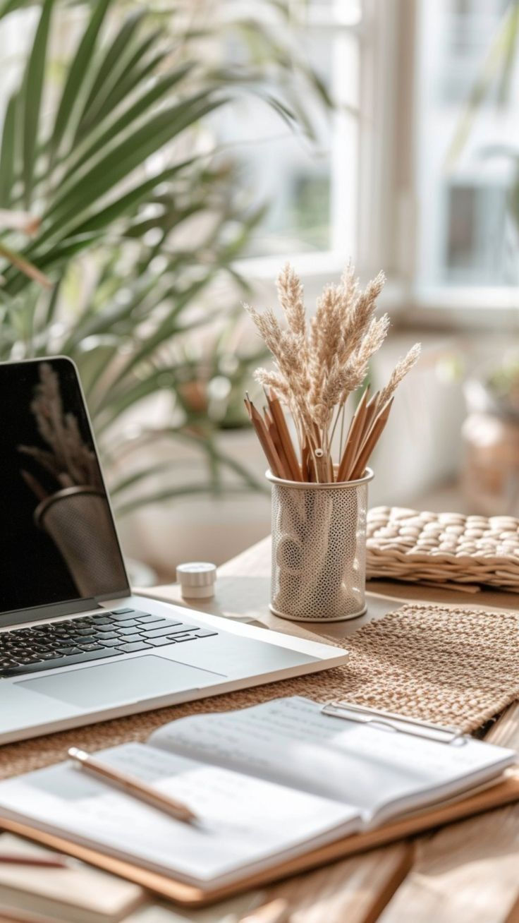 notebook com planner aberto com flores e plantas ao fundo