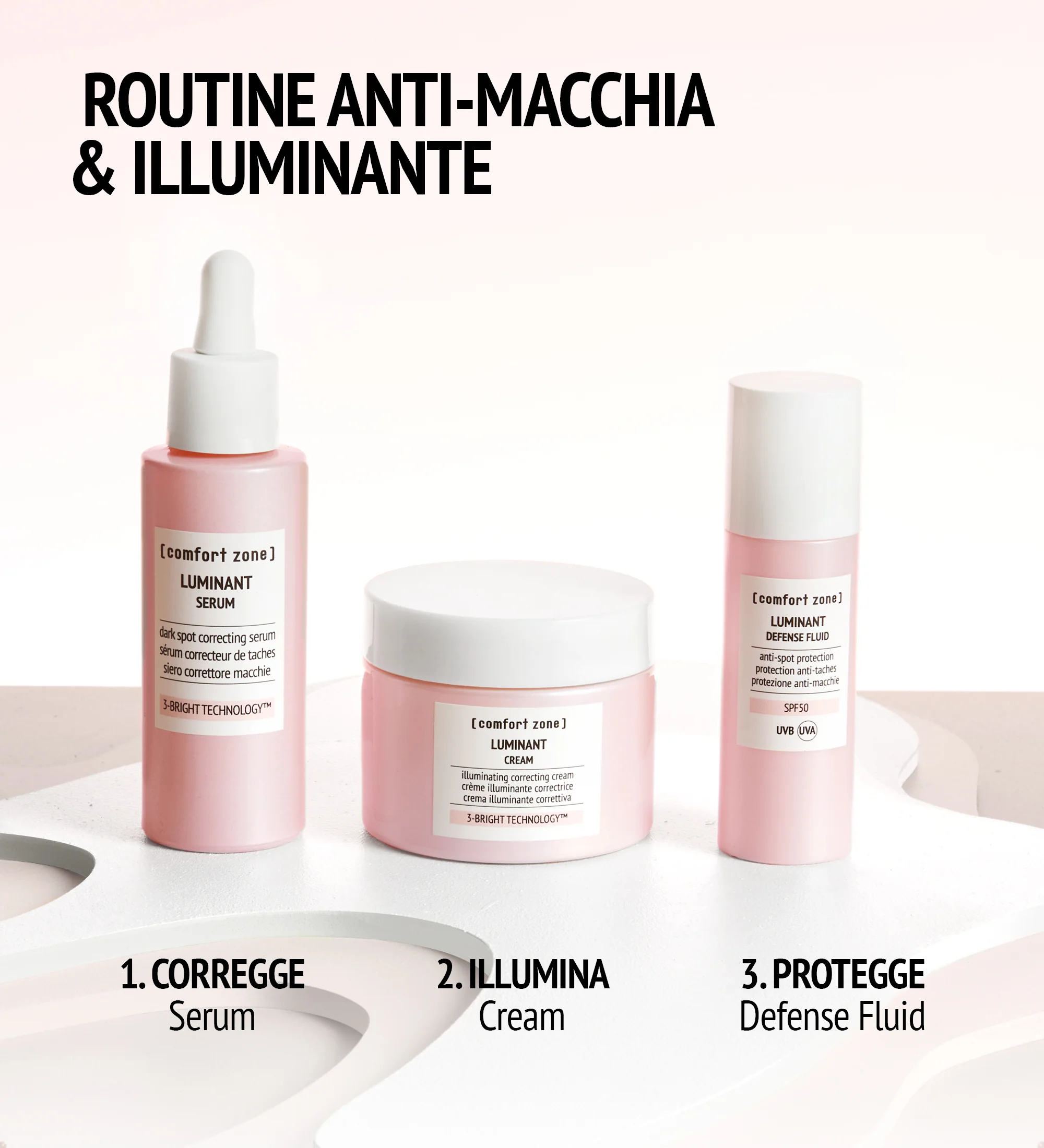 Linea prodotti cosmetici per la pelle con presenza di macchie comfort zone illuminant