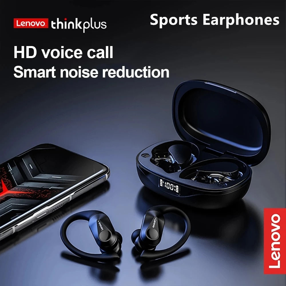 Fones de ouvido sem fio esportivos Lenovo LP75 com microfones, controle por botõ