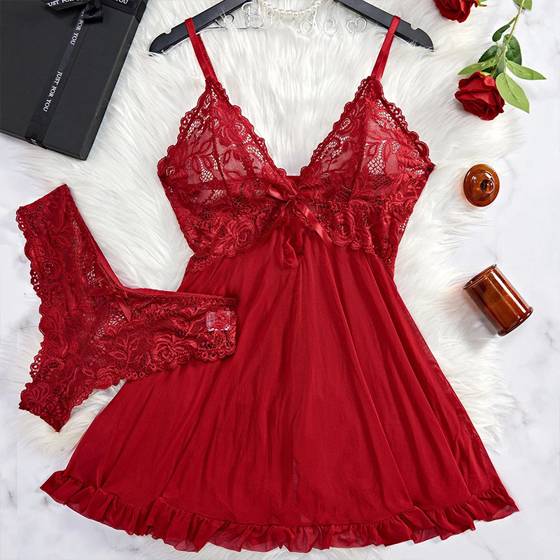 Pijama feminino ALLTOOALL, transparente, sexy, de renda, vermelho.