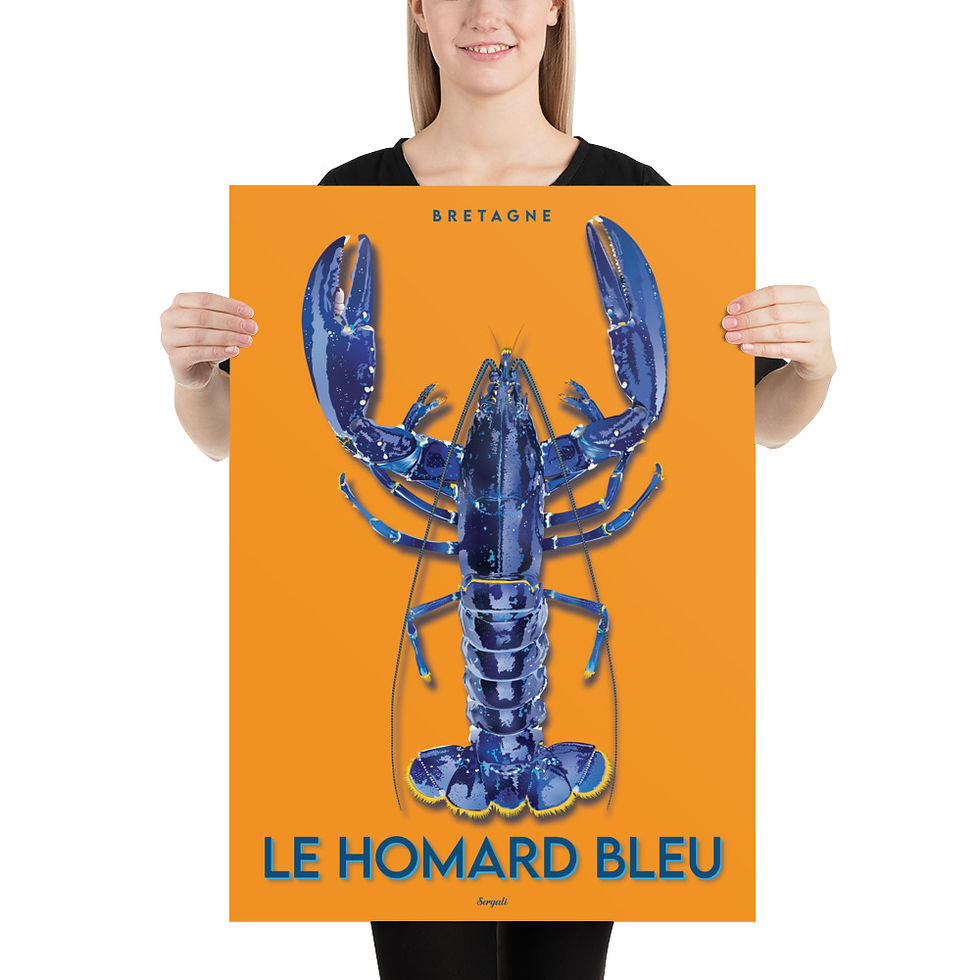 Poster Homard Bleu - Fond Orange - BRETAGNE
