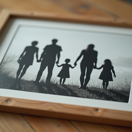 Eye-level view of a broken family photo frame on a table