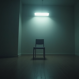 Eye-level view of a single empty chair in a dimly lit room
