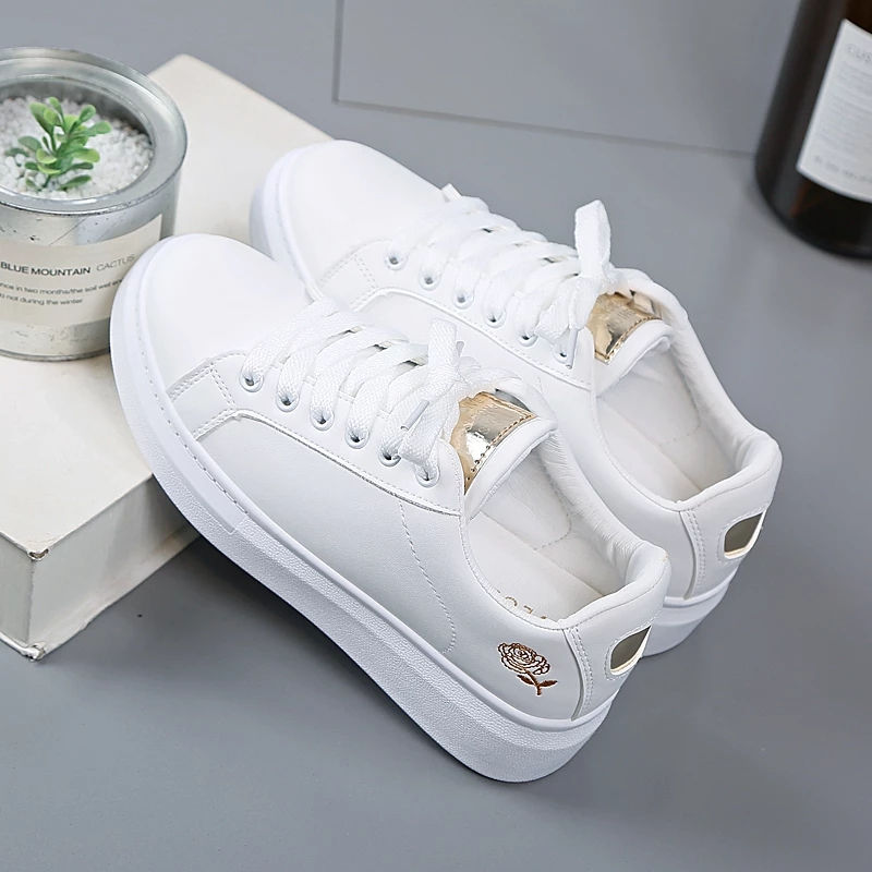 Thumbnail: Women Casual Shoes Fashion Embroidered White Sneakers Breathable Flower Lace-Up