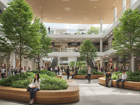 Personas caminando y disfrutando dentro de una plaza comercial moderna en Cumbayá, con presencia de vegetación y materiales naturales. Una escena que refleja el diseño de locales comerciales centrado en el bienestar, la biofilia y la experiencia del usuario