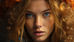 AI-generated portrait of a woman with a crown of orange flowers and flawless, poreless skin, an example of plastic-looking skin