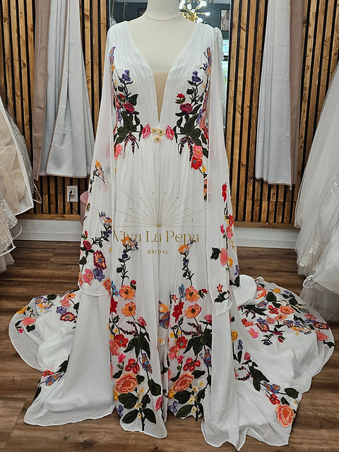 Floral Fiesta- Alternative Floral Embroidery Cape Sleeves Wedding Dress | Viva La Pepa Floral Fiesta- Alternative Floral Embroidery Cape Sleeves Wedding Dress | Viva La Pepa