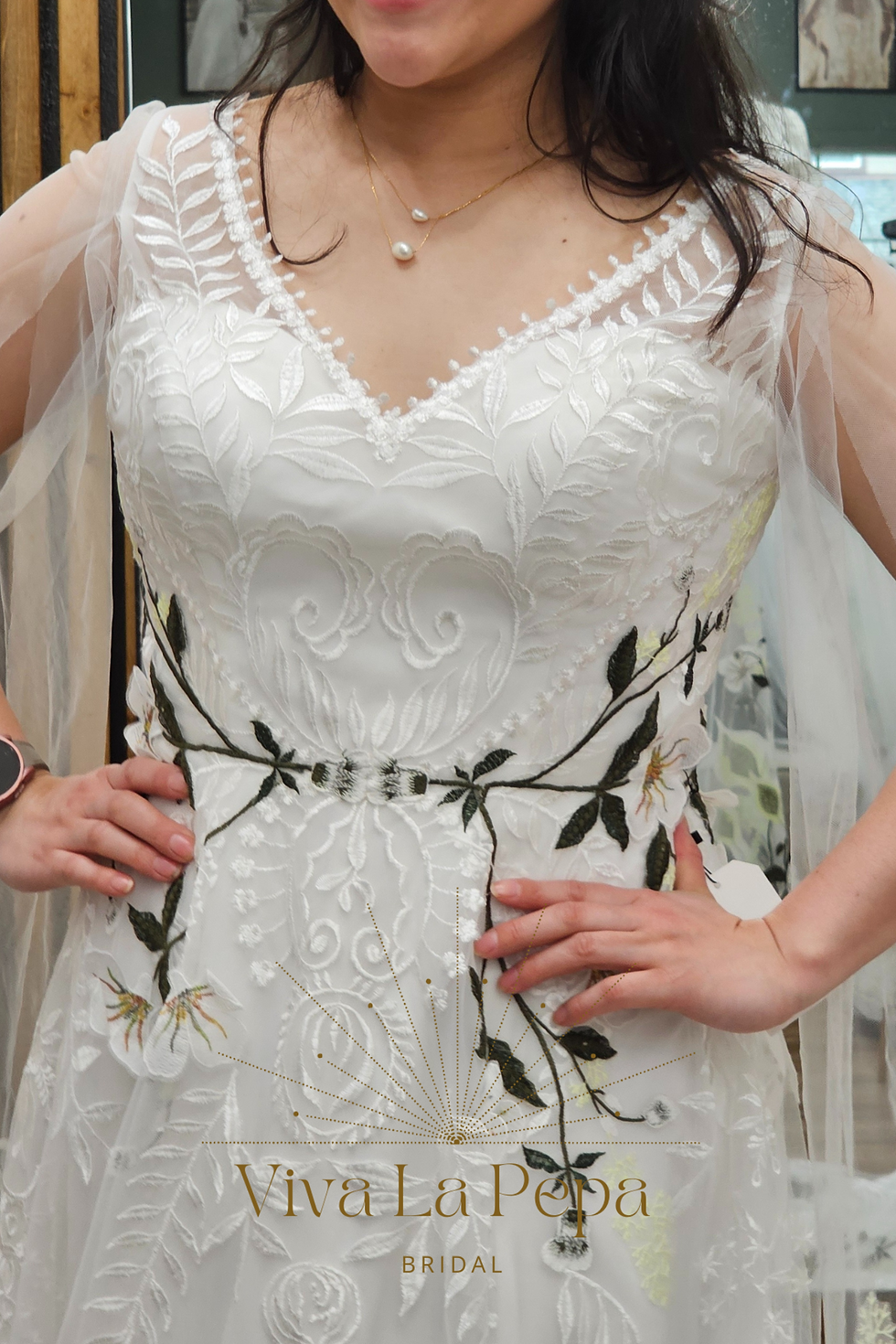 Thumbnail: Rhaychell Gown Alternative Color Floral Embroidery Cape Sleeves Wedding Dress