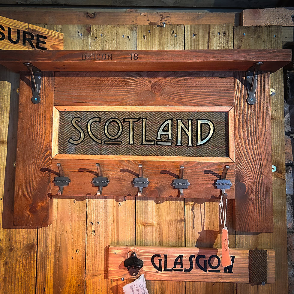 Wooden Coat Rack with Shelf. Hand painted and gold leafed 'Scotland'.