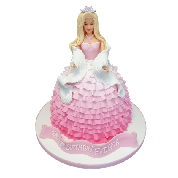 Bespoke Barbie Princess Doll cake with pink icing and detailed dress decorations in Solihull, West Midlands.