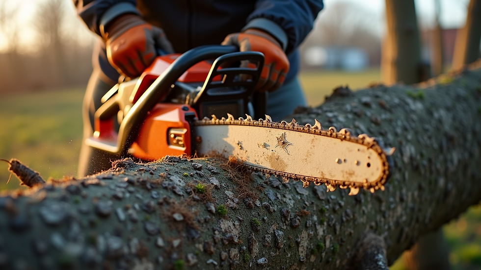 Close-up view of chainsaw cutting a large tree branch during removal