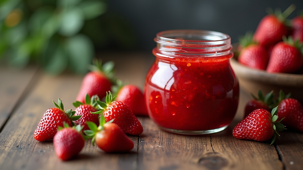 Close-up view of a jar of vibrant red strawberry jam on a rustic wooden table