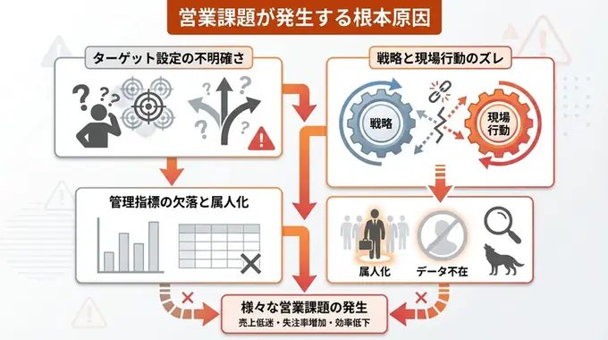 営業課題の根本原因を示す図解。ターゲット設定の不明確さ、戦略と現場行動のズレ、管理指標の欠落と属人化という3つの構造的問題が複合的に絡み合い、営業課題を生み出している様子を表現したインフォグラフィック