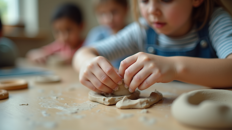 Close-up view of a child’s hands molding clay in a creative classroom setting
