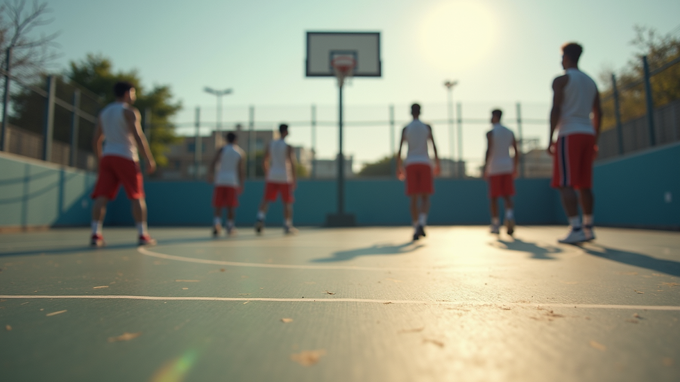 Eye-level view of a basketball court with players practicing