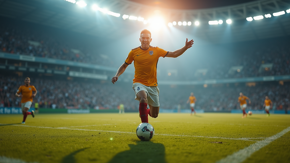 Eye-level view of a soccer player celebrating a goal