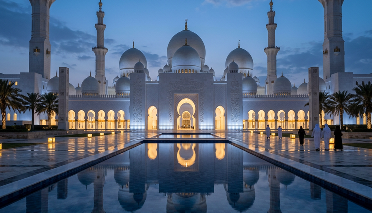 Eye-level view of Sheikh Zayed Grand Mosque with white domes and reflective pools in soft evening light.